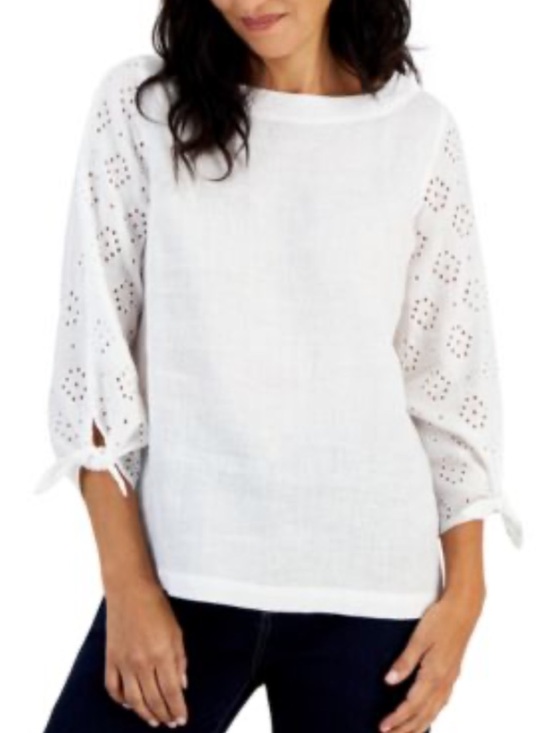 Charter Club Tops - New 100% Linen Charter Club luxury White Eyelet Tie Sleeve Blouse Size P M